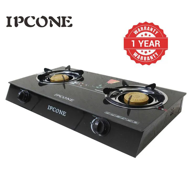 IPCONE 02 Glass Top Double Burner Gas Cooker - Stainless Steel Floral Design