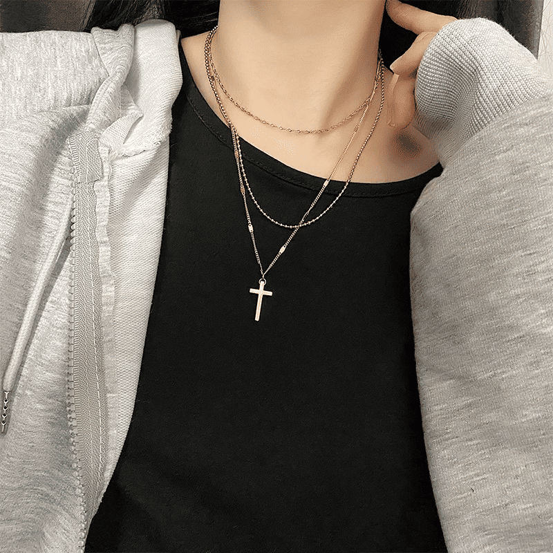Elegant Gold-Plated Multi-Layer Cross Necklace for Women - Trendy Clavicle Chain