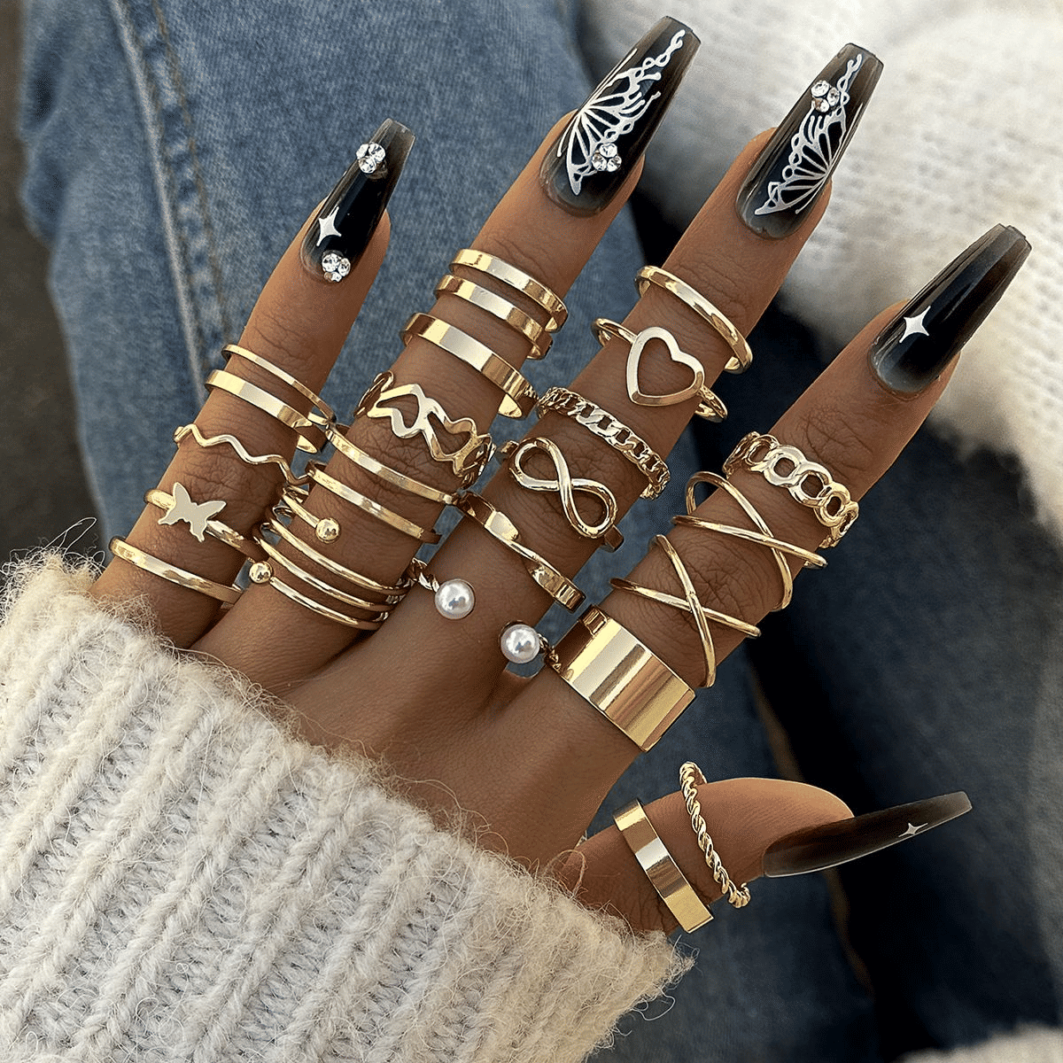 Elegant 22PC Butterfly & Love Heart Adjustable Ring Set for Women - Fashion Jewelry