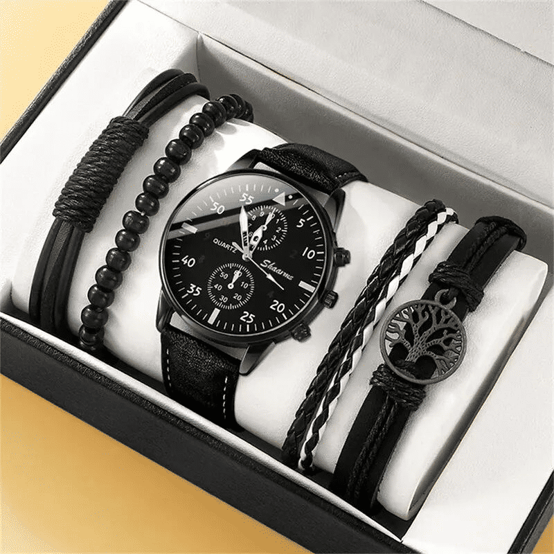 5-Piece Set Men's Fashion Sports Business Quartz Wristwatch Luxury Leather Bracelet