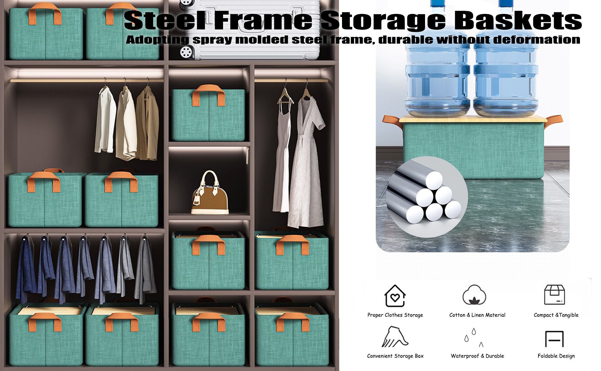 Jaza Keja Foldable Fabric Storage Organizer Box with Steel Frame, Gray