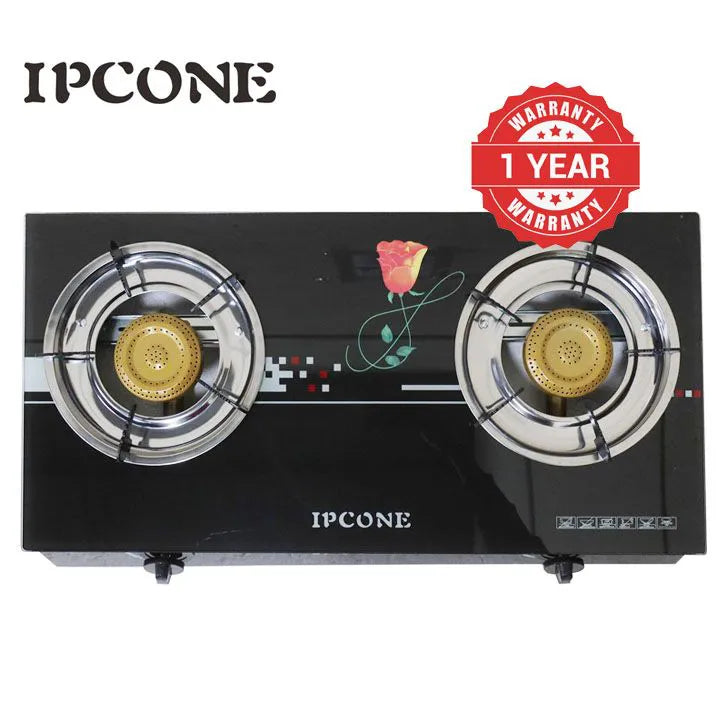 IPCONE 02 Glass Top Double Burner Gas Cooker - Stainless Steel Floral Design