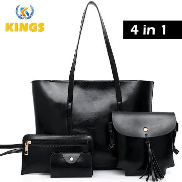 Elegant 4-in-1 Ladies PU Leather Handbag Set: Waterproof Tote & Crossbody Bags