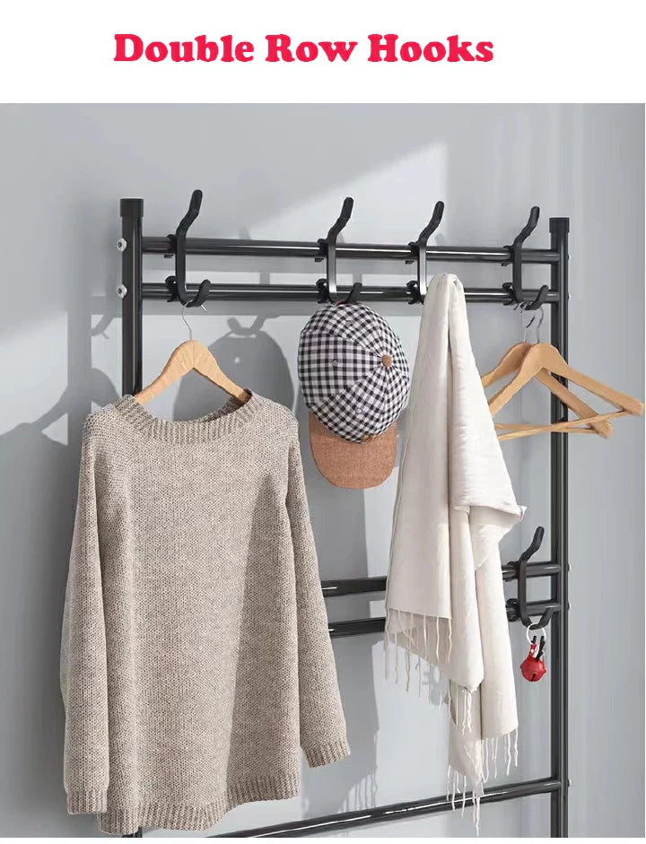 Space-Saving 5-Layer Freestanding Shoe Rack, Coat & Hat Hanger, Integrated Storage Organizer