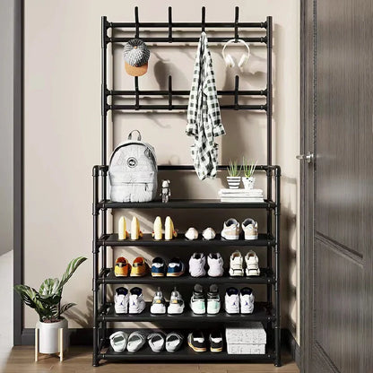 Space-Saving 5-Layer Freestanding Shoe Rack, Coat & Hat Hanger, Integrated Storage Organizer