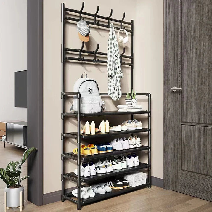 Space-Saving 5-Layer Freestanding Shoe Rack, Coat & Hat Hanger, Integrated Storage Organizer