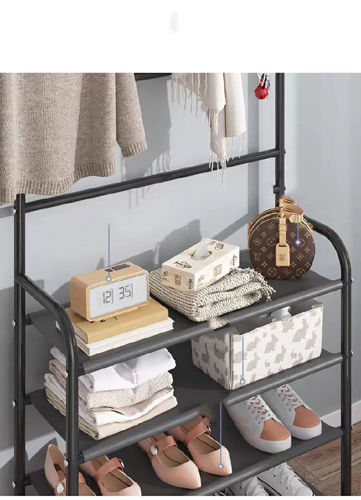 Space-Saving 5-Layer Freestanding Shoe Rack, Coat & Hat Hanger, Integrated Storage Organizer