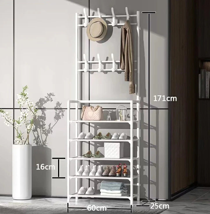 Space-Saving 5-Layer Freestanding Shoe Rack, Coat & Hat Hanger, Integrated Storage Organizer
