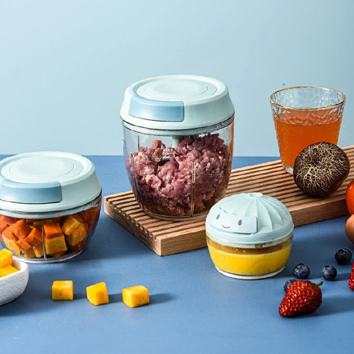 Mini Manual Food Processor: Multifunction Vegetable Chopper, Garlic Press, Meat Grinder, 500ml Blue