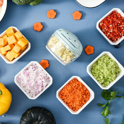 Mini Manual Food Processor: Multifunction Vegetable Chopper, Garlic Press, Meat Grinder, 500ml Blue