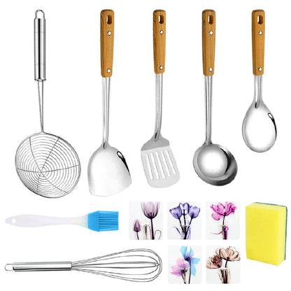 Premium Stainless Steel Kitchen Utensil Set - Wok Spatula, Ladle, Whisk, Sponge