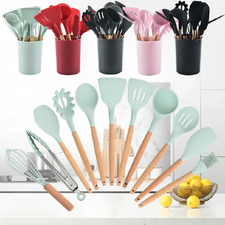 Premium 12-Piece Silicone & Wood Handle Kitchen Utensil Set for Non-stick Cookware