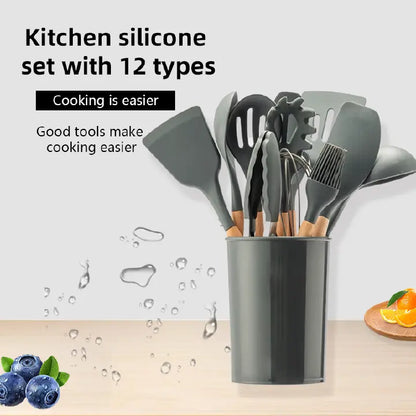 Premium 12-Piece Silicone & Wood Handle Kitchen Utensil Set for Non-stick Cookware