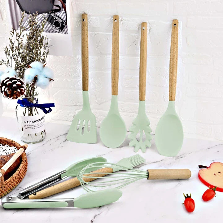 Premium 12-Piece Silicone & Wood Handle Kitchen Utensil Set for Non-stick Cookware