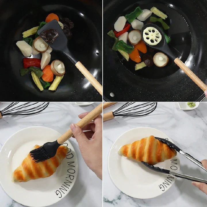 Premium 12-Piece Silicone & Wood Handle Kitchen Utensil Set for Non-stick Cookware