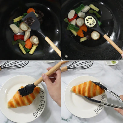 Premium 12-Piece Silicone & Wood Handle Kitchen Utensil Set for Non-stick Cookware