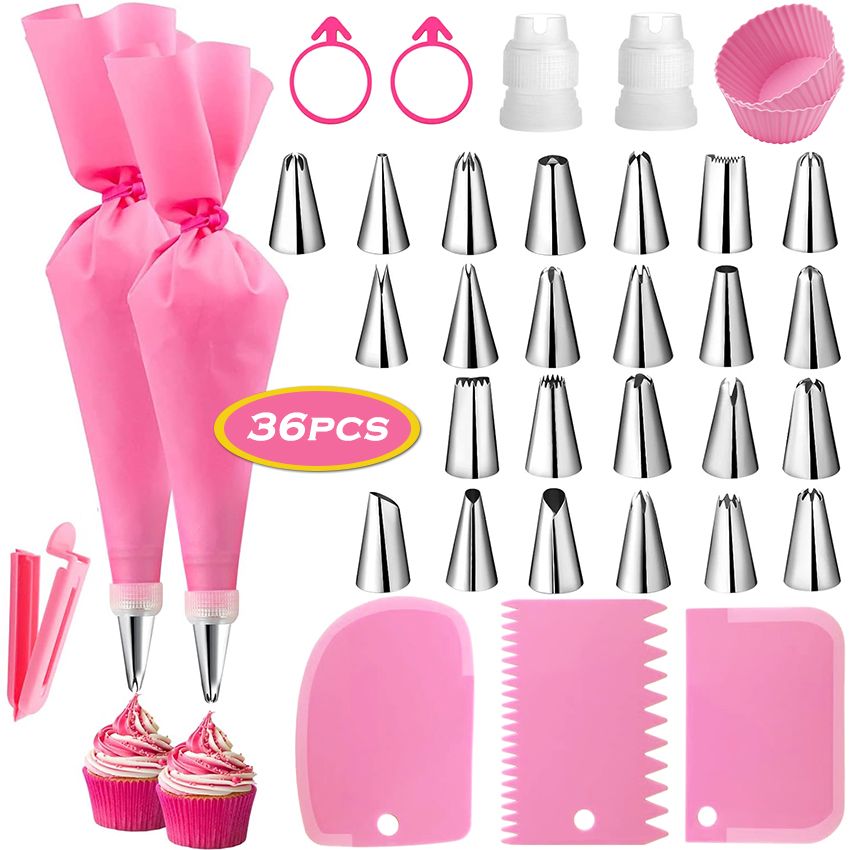 36-Piece Rose Pastry Nozzle Set: Stainless Steel Icing Tips & Silicone Bags