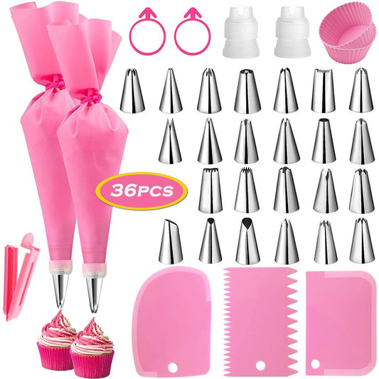 36-Piece Rose Pastry Nozzle Set: Stainless Steel Icing Tips & Silicone Bags