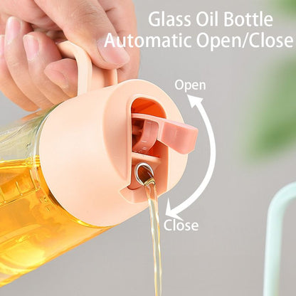Smart Auto-Flip Glass Oil Dispenser Bottle, 630ML Kitchen Oil Jar, Leak-Proof