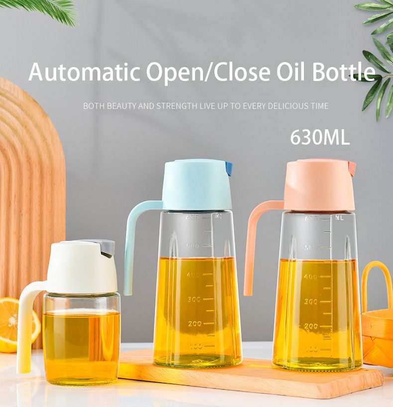 Smart Auto-Flip Glass Oil Dispenser Bottle, 630ML Kitchen Oil Jar, Leak-Proof