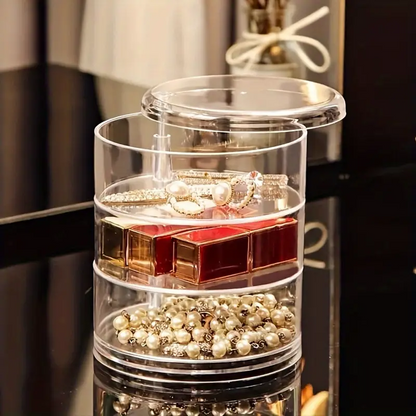 Elegant 3-Tier Rotating Jewelry Organizer Box, Clear Plastic 360° Swivel Display