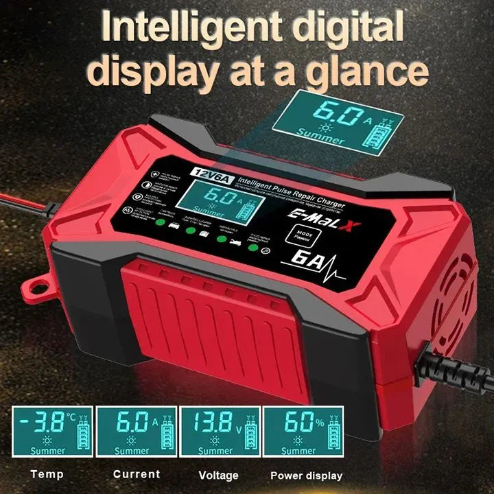 12V 6A Smart Pulse Car Battery Charger for Motorcycles, Ships, Lead-Acid, LiFePO4
