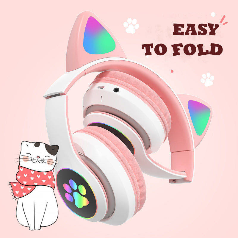 Vedo Flash Lamp Cute Cat Ears Bluetooth 5.0 Wireless Kids Headphones with Mic