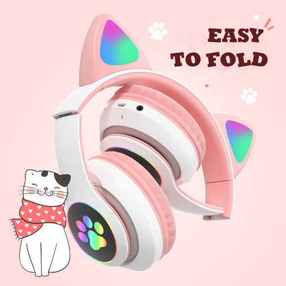 Vedo Flash Lamp Cute Cat Ears Bluetooth 5.0 Wireless Kids Headphones with Mic