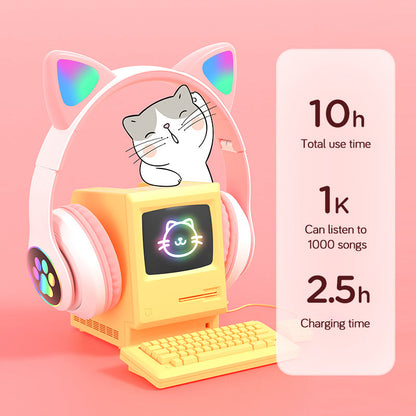 Vedo Flash Lamp Cute Cat Ears Bluetooth 5.0 Wireless Kids Headphones with Mic