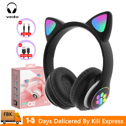 Vedo Flash Lamp Cute Cat Ears Bluetooth 5.0 Wireless Kids Headphones with Mic