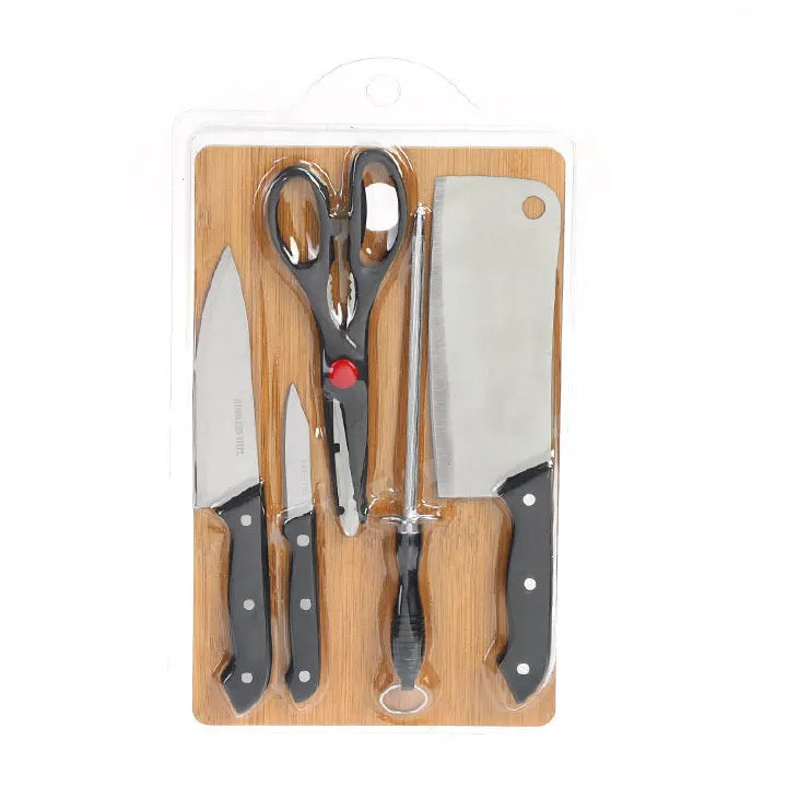 6-Piece Stainless Steel Kitchen Knife Set with Bamboo Cutting Board Sharpener