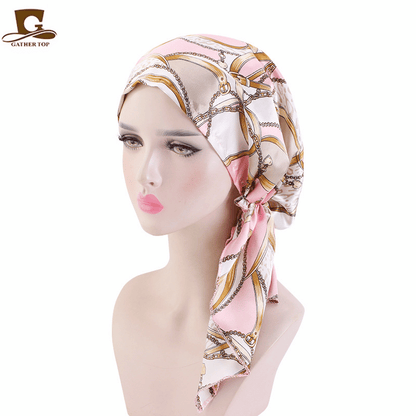 Elegant Vintage Silky Turban Bonnet, Elastic Printed Headwrap for Hair Loss