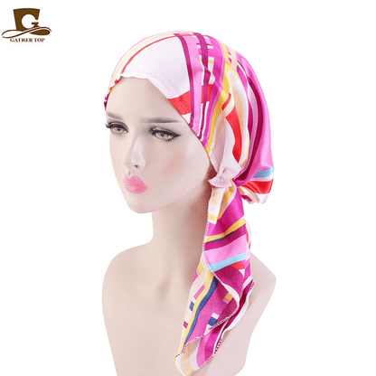 Elegant Vintage Silky Turban Bonnet, Elastic Printed Headwrap for Hair Loss