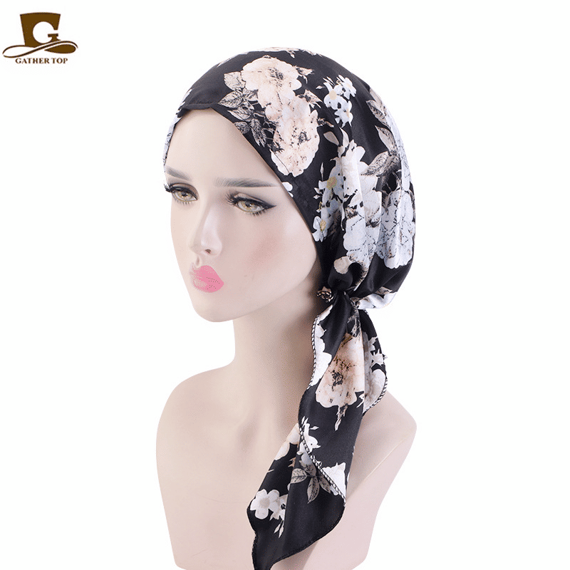 Elegant Vintage Silky Turban Bonnet, Elastic Printed Headwrap for Hair Loss