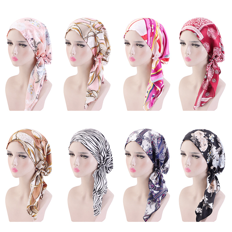 Elegant Vintage Silky Turban Bonnet, Elastic Printed Headwrap for Hair Loss