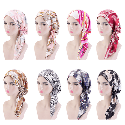 Elegant Vintage Silky Turban Bonnet, Elastic Printed Headwrap for Hair Loss