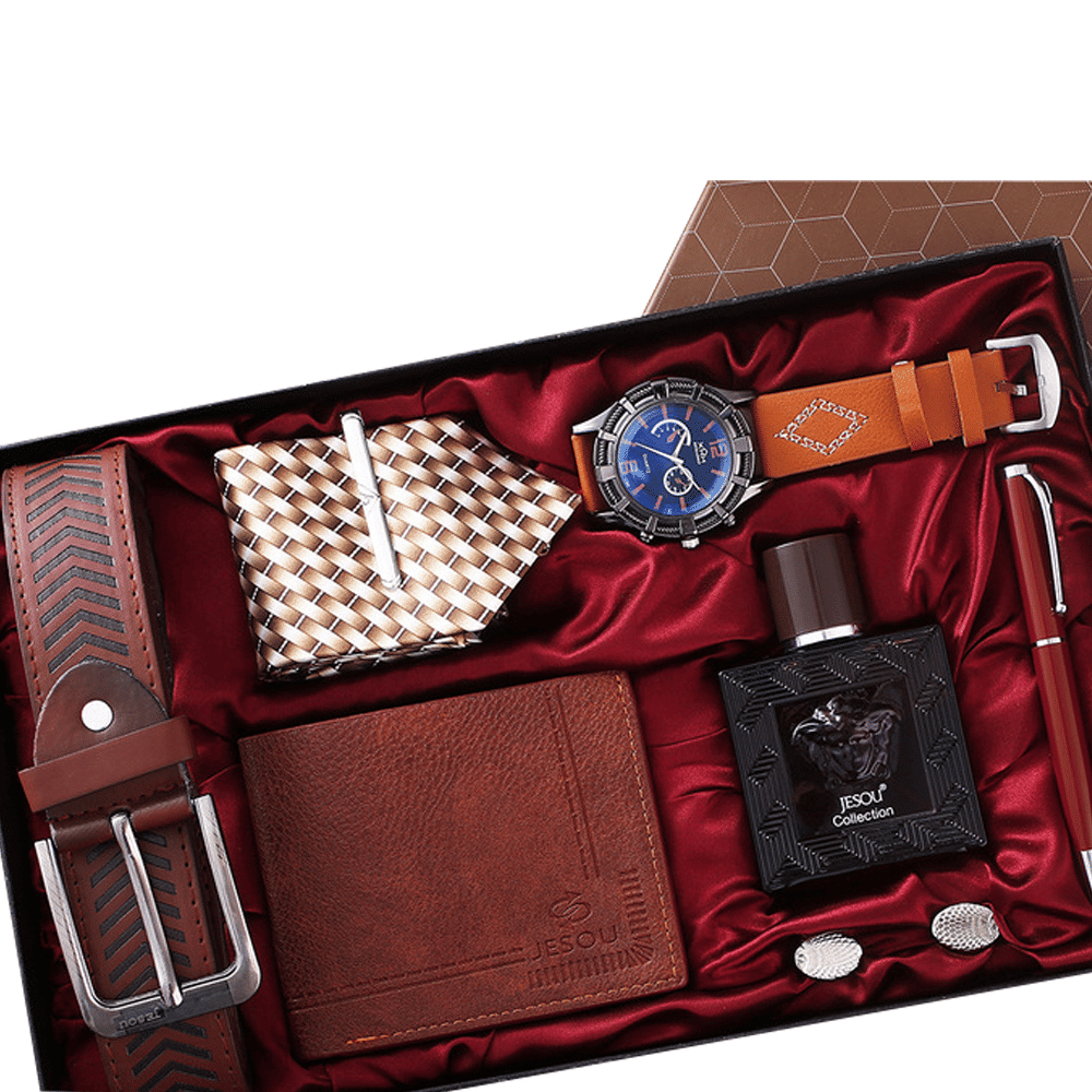 7-Piece Men's Luxury Gift Set: Watch, Belt, Wallet, Perfume, Pen, Tie, Cufflinks