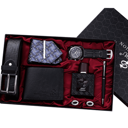 7-Piece Men's Luxury Gift Set: Watch, Belt, Wallet, Perfume, Pen, Tie, Cufflinks