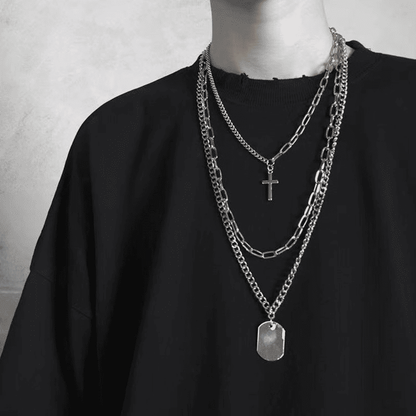Trendy Men's 3-Piece Multi-Layer Hip Hop Silver Chain Necklace Set