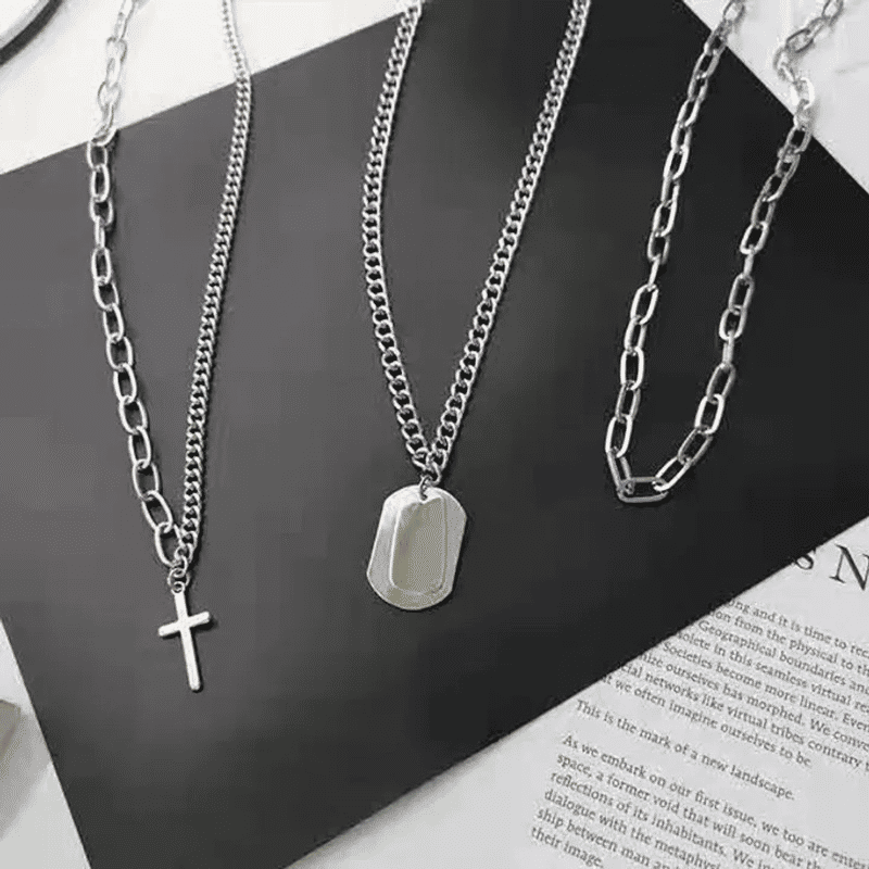 Trendy Men's 3-Piece Multi-Layer Hip Hop Silver Chain Necklace Set