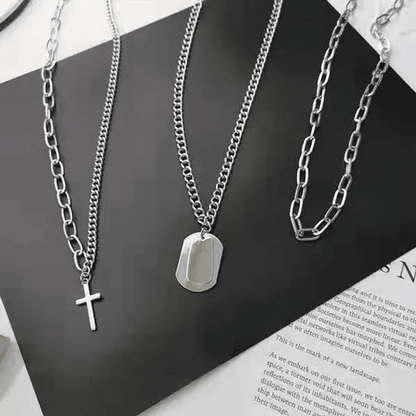 Trendy Men's 3-Piece Multi-Layer Hip Hop Silver Chain Necklace Set