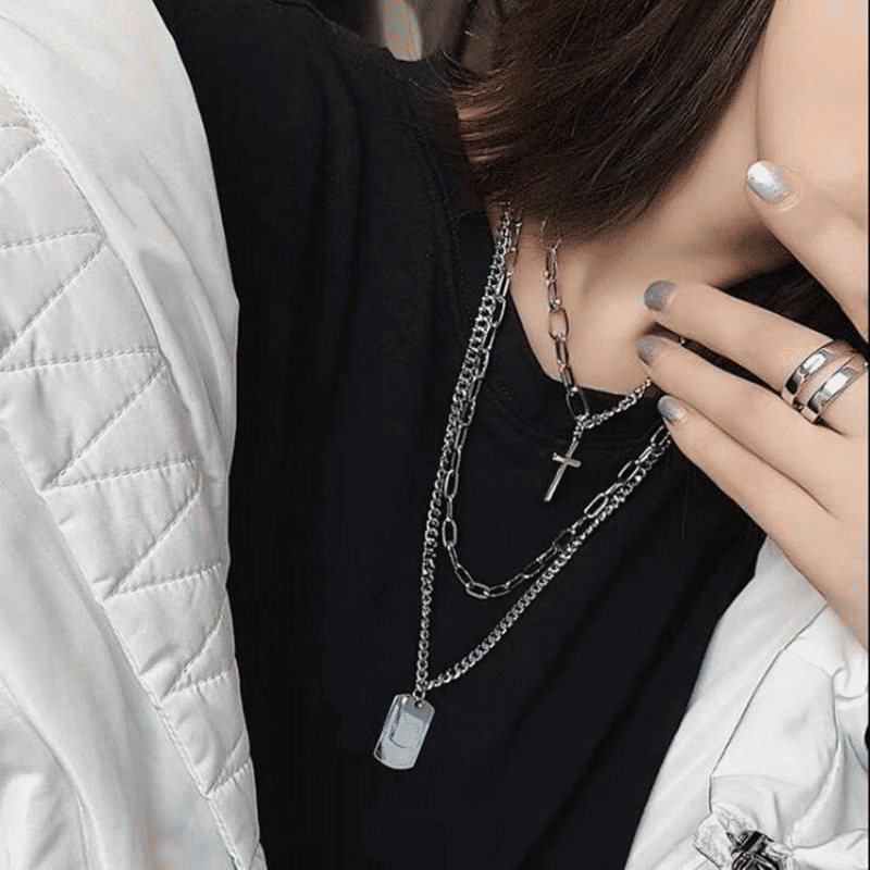 Trendy Men's 3-Piece Multi-Layer Hip Hop Silver Chain Necklace Set