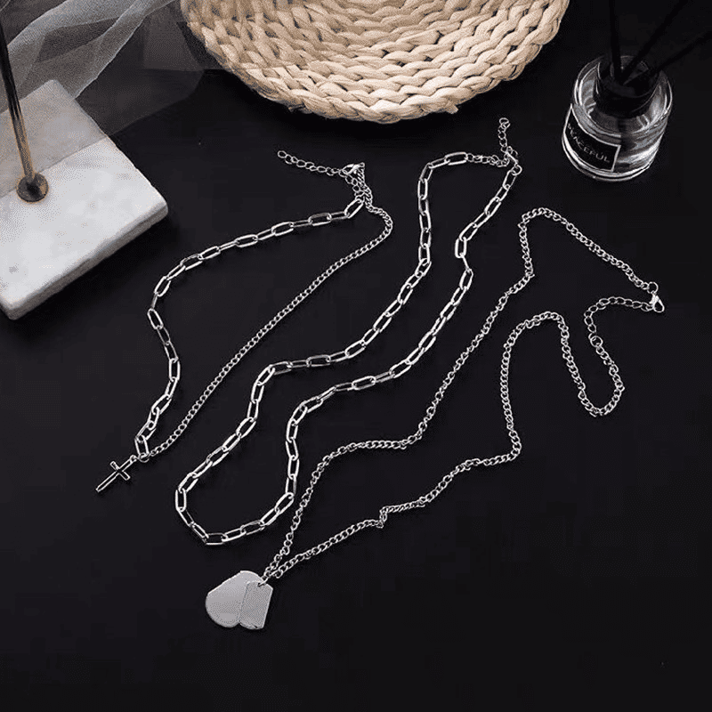 Trendy Men's 3-Piece Multi-Layer Hip Hop Silver Chain Necklace Set