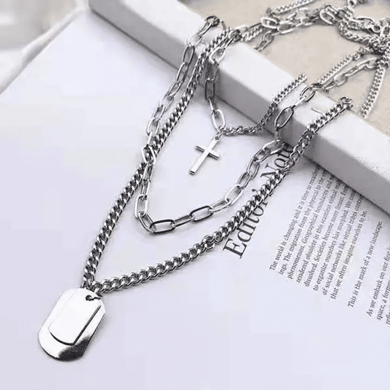 Trendy Men's 3-Piece Multi-Layer Hip Hop Silver Chain Necklace Set