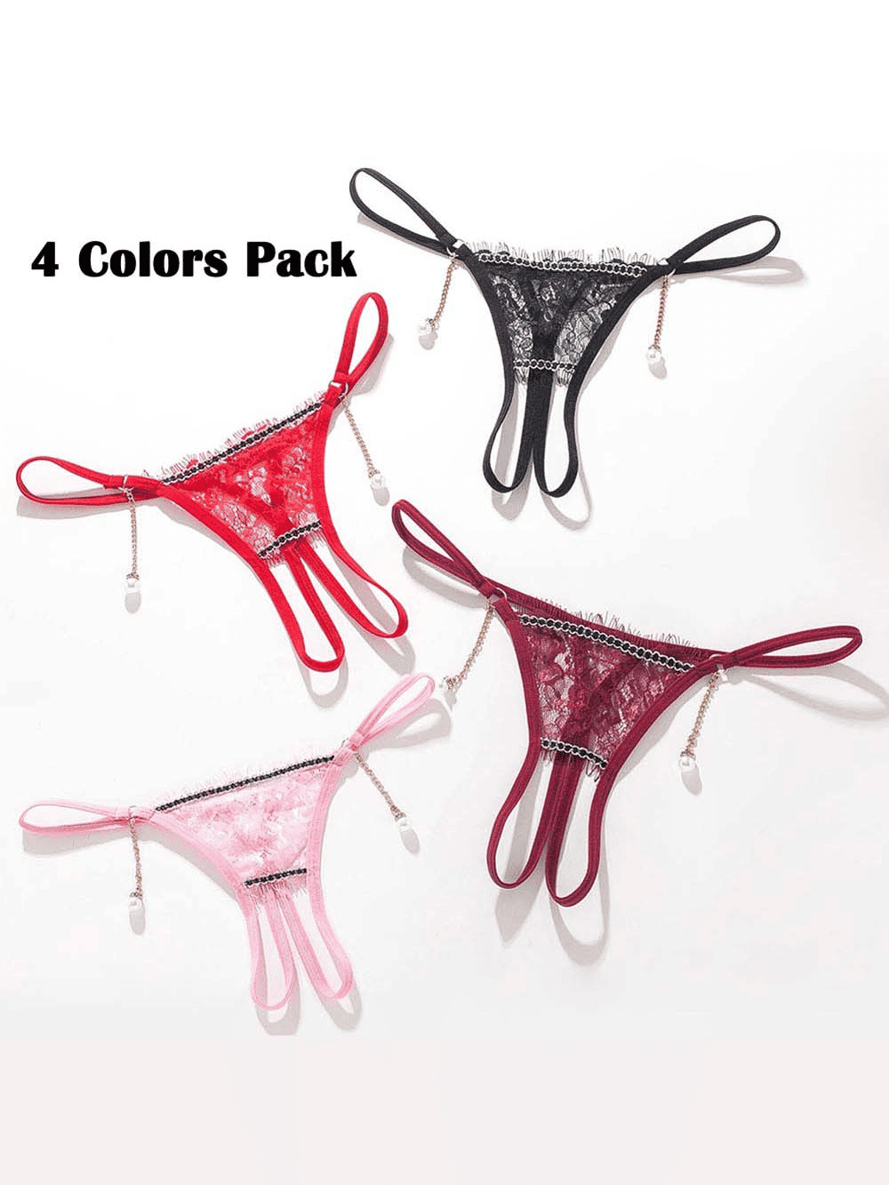 Women's 4-in-1 Pack Sexy Lace Crotchless G-String Thong Lingerie Set