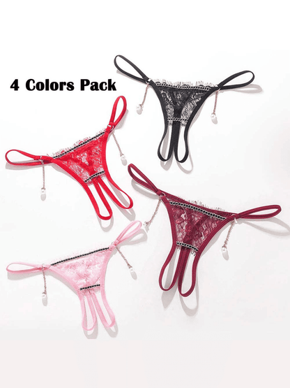Women's 4-in-1 Pack Sexy Lace Crotchless G-String Thong Lingerie Set