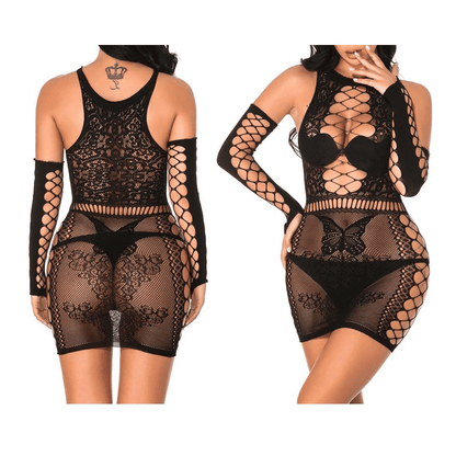 Women's Alluring Fishnet Bodystocking Lingerie - Stretch Open Front Bodysuit with Sleeves
