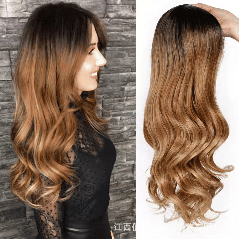 FBK Long Wavy Ombre Synthetic Wig: 26-Inch Black to Brown Gradient