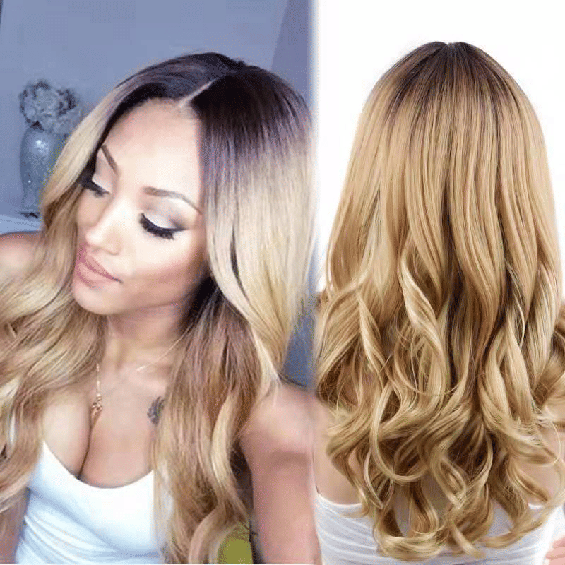 FBK Long Wavy Ombre Synthetic Wig: 26-Inch Black to Brown Gradient