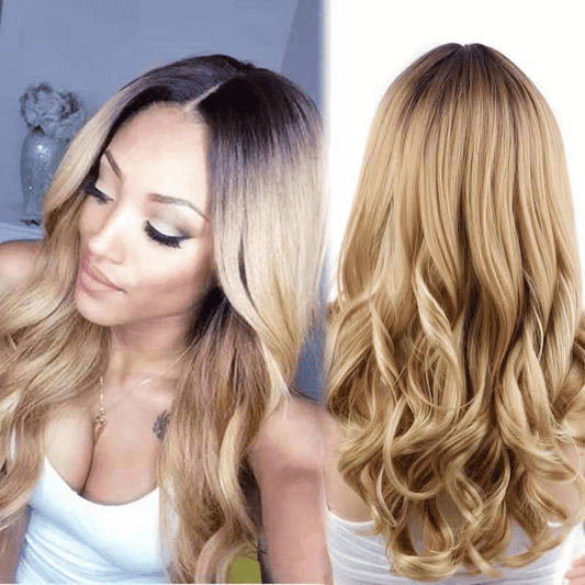 FBK Long Wavy Ombre Synthetic Wig: 26-Inch Black to Brown Gradient